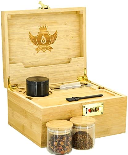 Large Stash Box with Accessories and Rolling Tray, Stable Combination Lock, Premium 100% Bamboo Wood, Handmade Decorative Storage Box, Enough Space, Removable Dividers