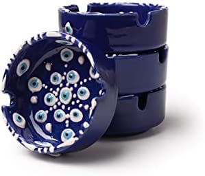 KAIRA - Colorful Ash Trays (EVIL EYE 1) - Small Mini Decorative Home Cigar Cigarette Ashtray for Outdoor Indoor - Colorful Cool Patio Funny Pretty Weed Tray - Cute Blue Evil Eye Design - SET OF 4