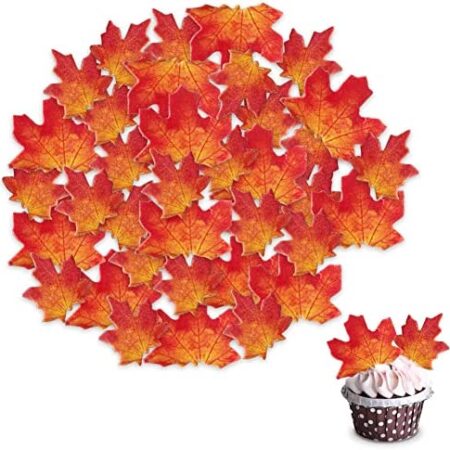 Morofme 48pcs Edible Fall Leaves Cupcake Toppers, Maple Leaf Autumn Cake Toppers, Edible Wafer Paper Fall Leaf Cake Decoration for Autumn Theme Wedding Birthday Baby Shower Party Supplies