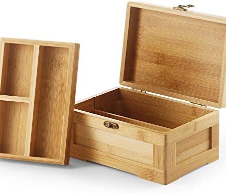 Wooden Stash Box with Rolling Tray Stash Box Combo to Organise your Herbs and Accessories - Rolling Kit with Removable divider - Large stash box and Jewelry box (Bamboo)